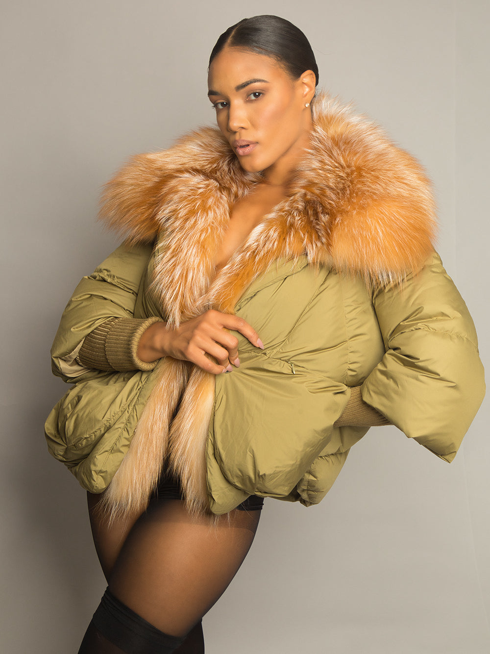 Fur Trim Puffer Jacket in Khaki & Brown