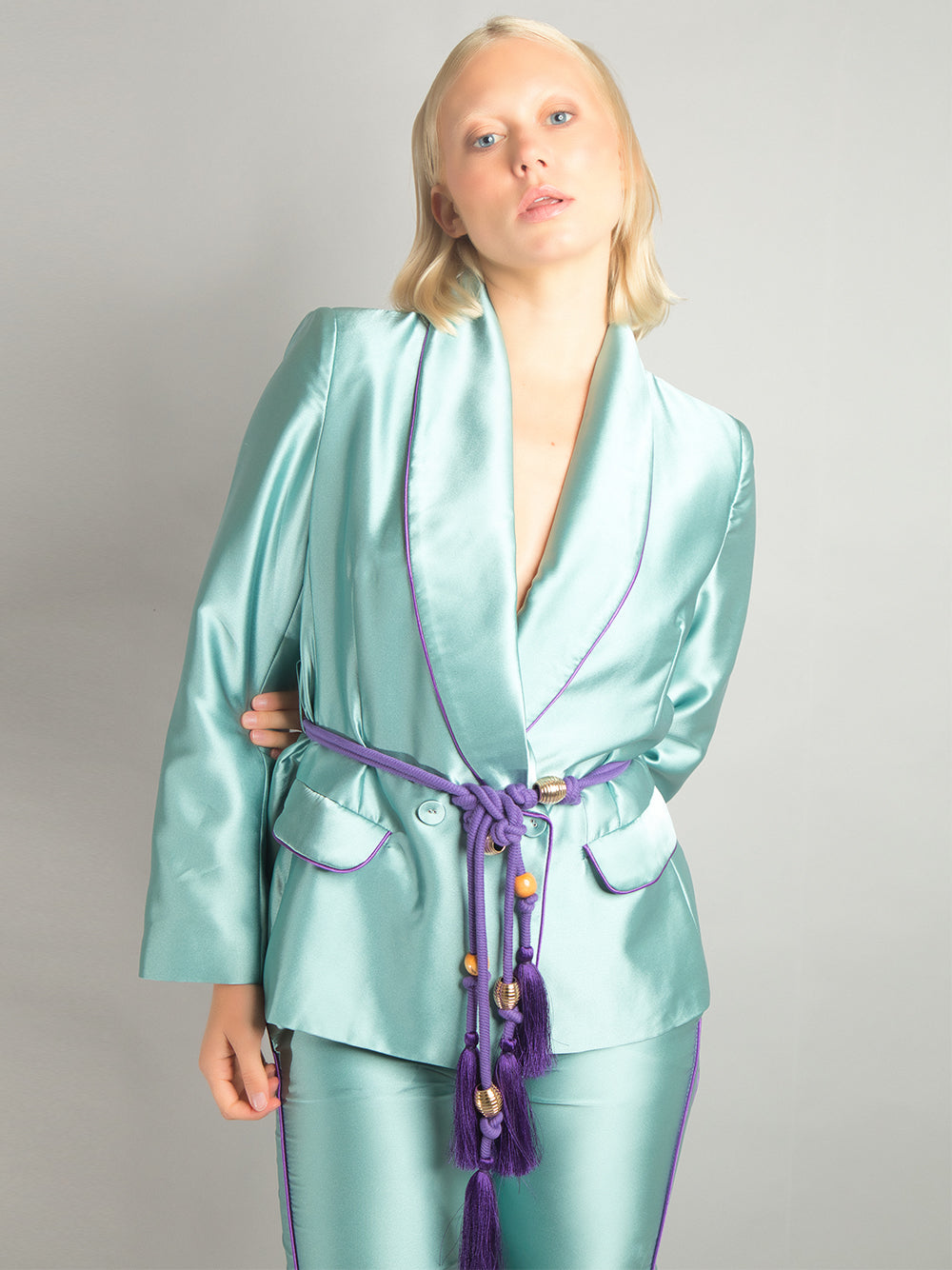 PJ Satin Blazer + Pants Matching Set in Turquoise