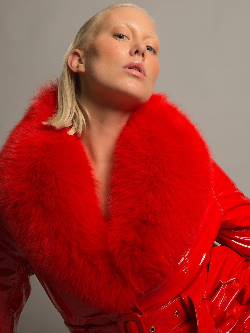 Patent Leather Coat w/ Fox Fur In Red