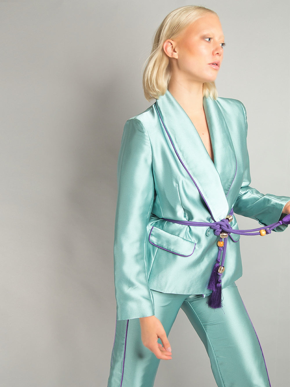 PJ Satin Blazer + Pants Matching Set in Turquoise