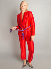 Conjunto de pijama de satén con blazer y pantalón a juego en rojo