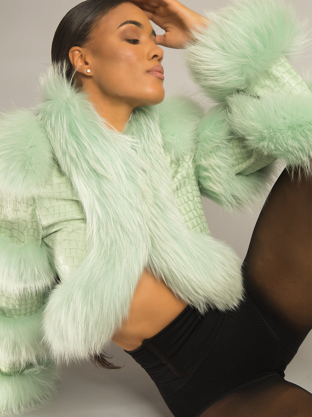 LITALY Fur Trim Leather Jacket in Light Green