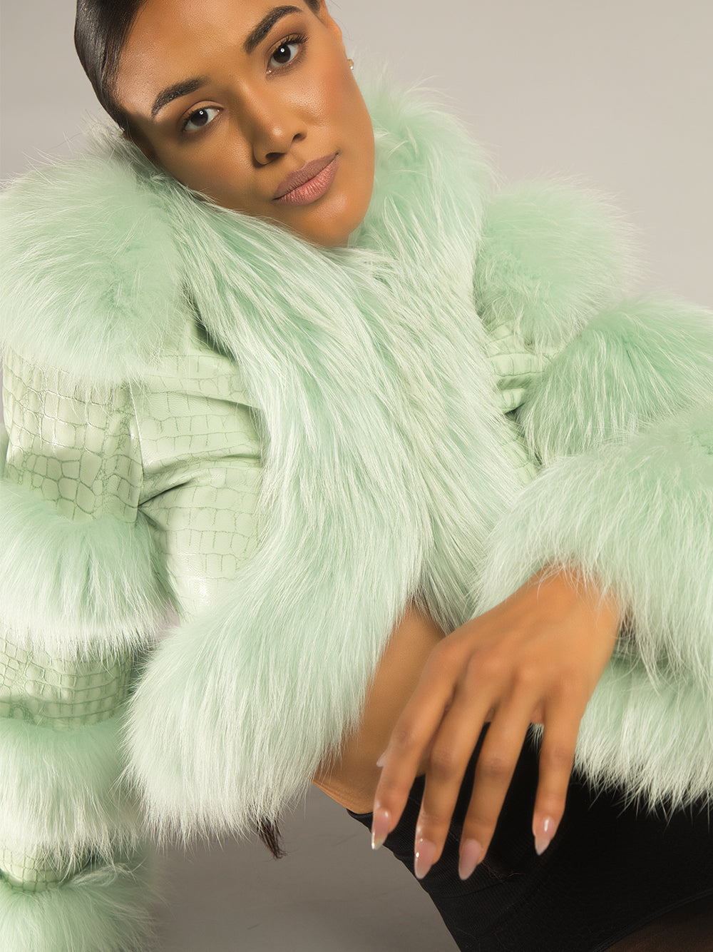 LITALY Fur Trim Leather Jacket in Light Green