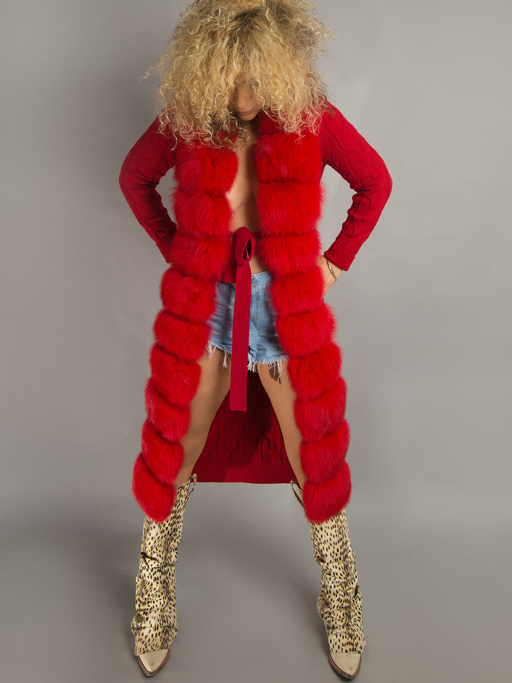 CAVO Fur & Cashmere Cardigan in Red