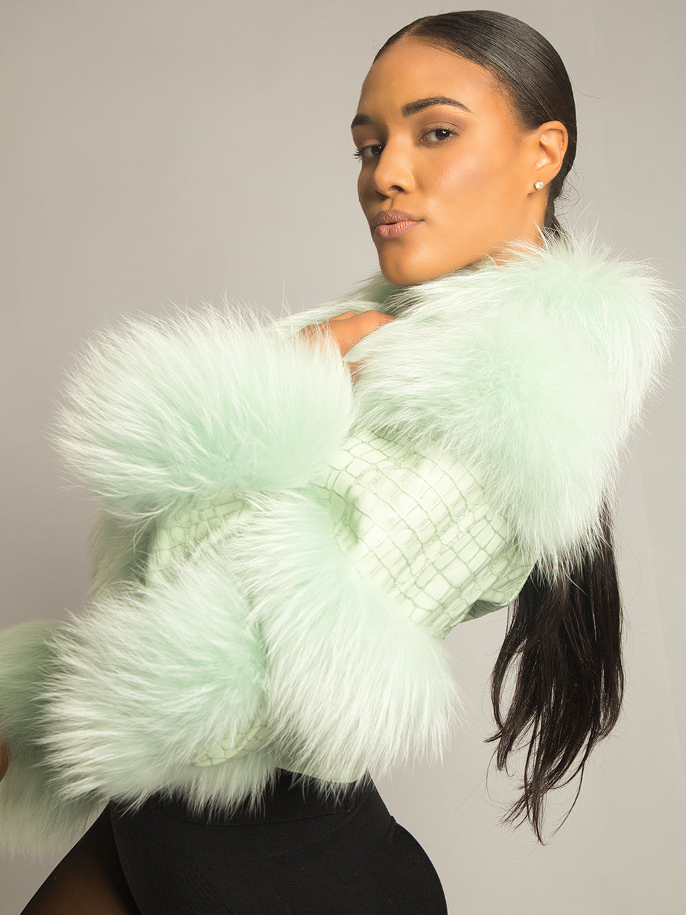 LITALY Fur Trim Leather Jacket in Light Green