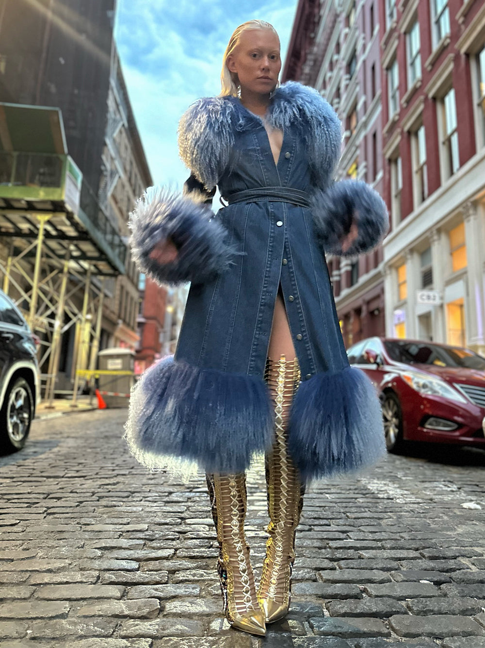 Denim Coat w/ Shearling Fur