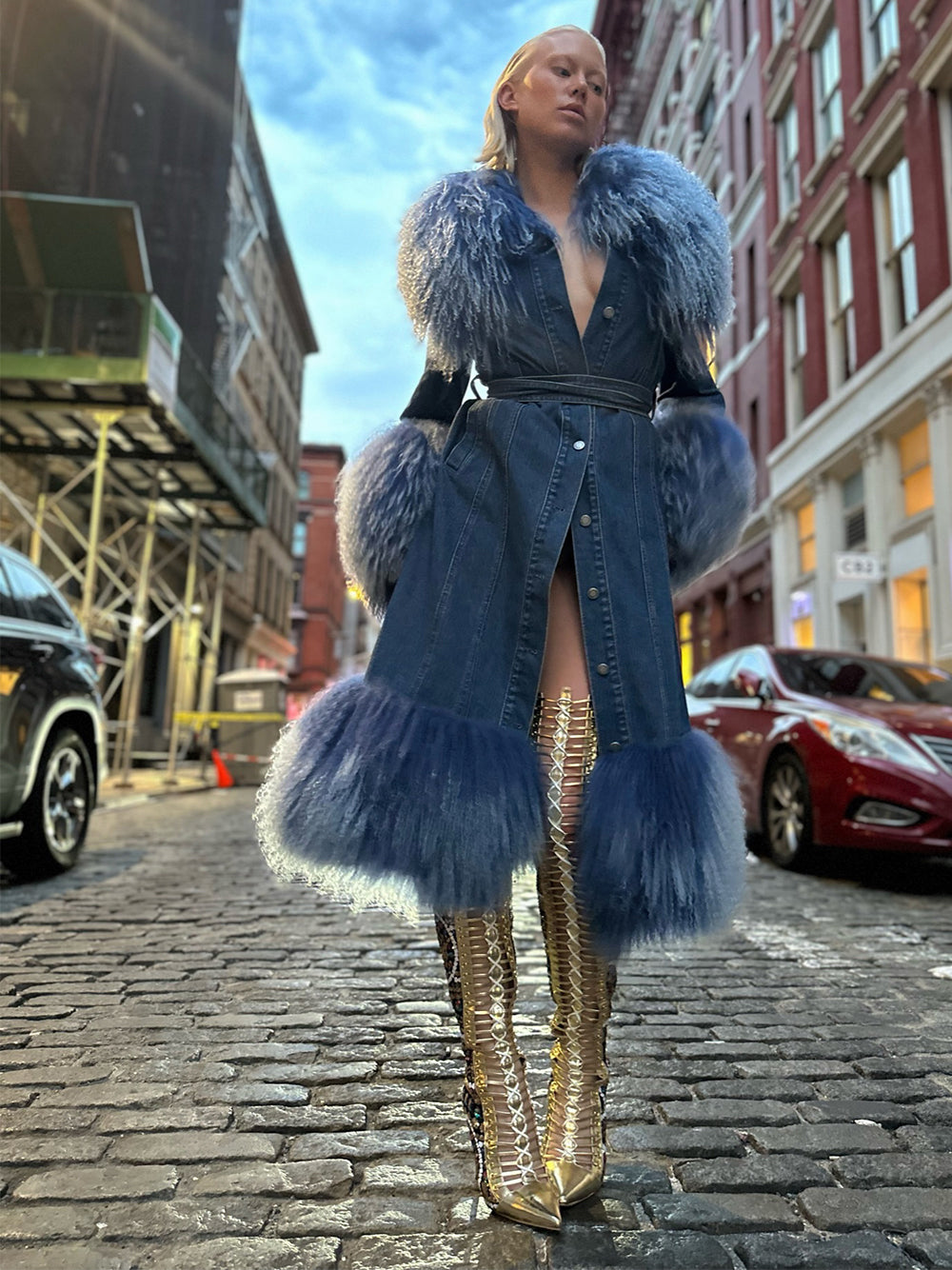 Denim Coat w/ Shearling Fur