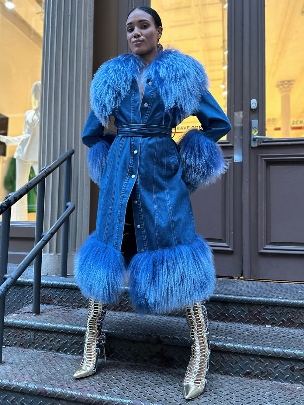 Denim Coat w/ Shearling Fur