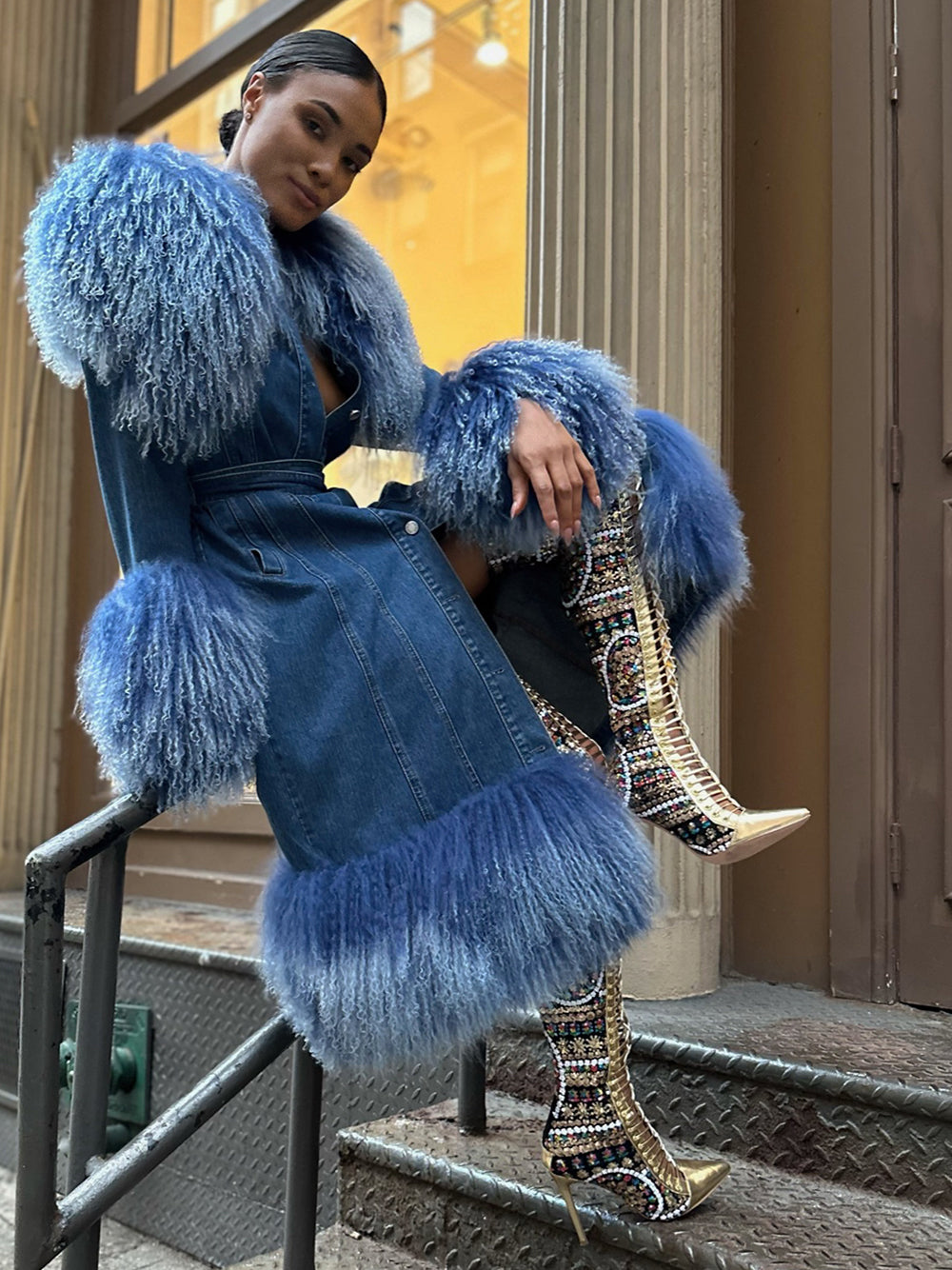 Denim Coat w/ Shearling Fur