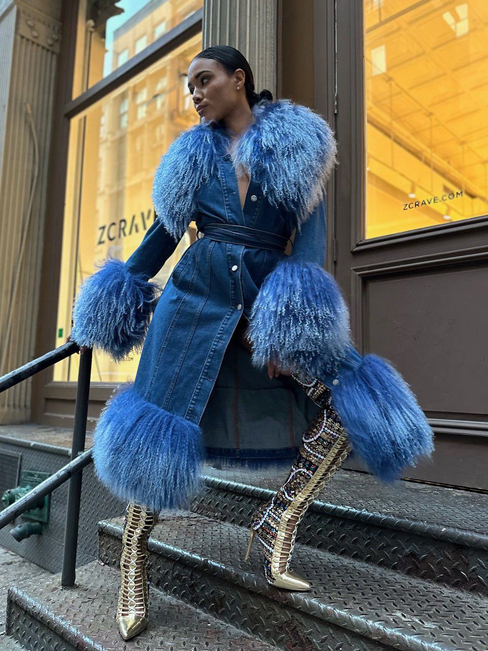 Denim Coat w/ Shearling Fur