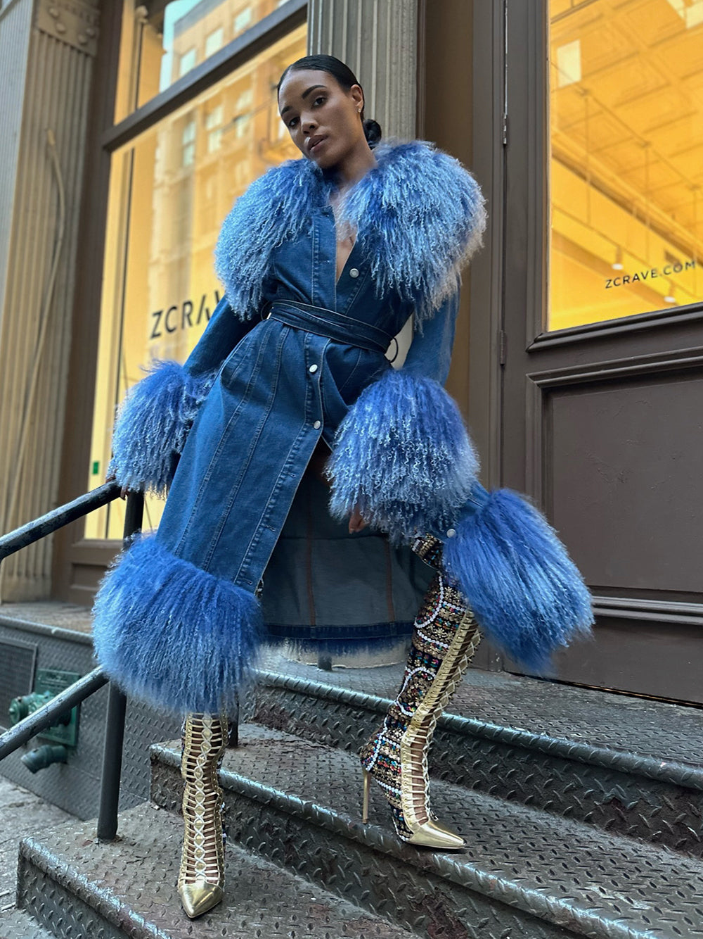 Denim Coat w/ Shearling Fur