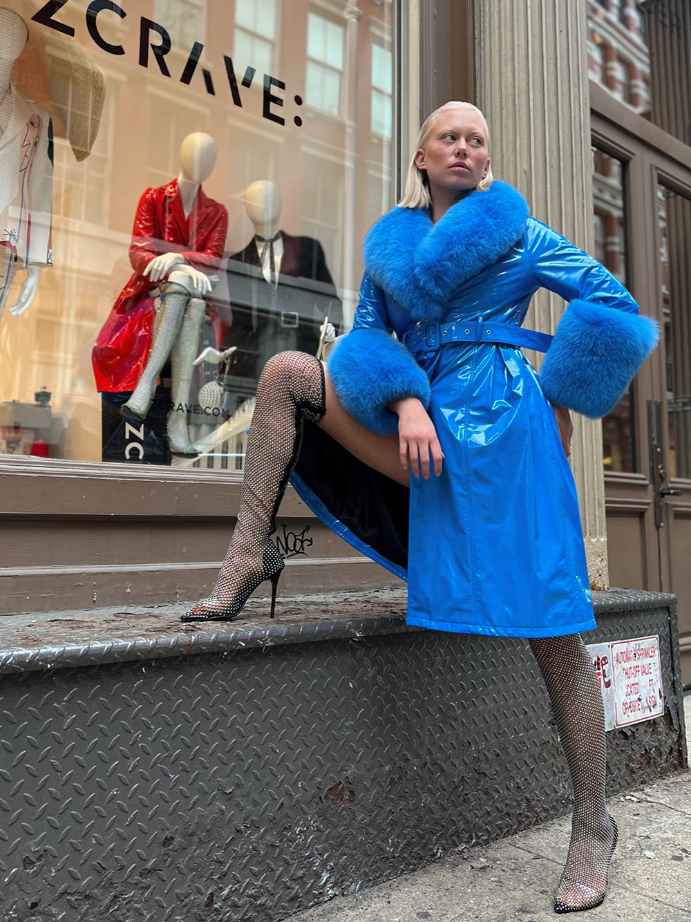 Patent Leather Coat w/ Fox Fur In Blue