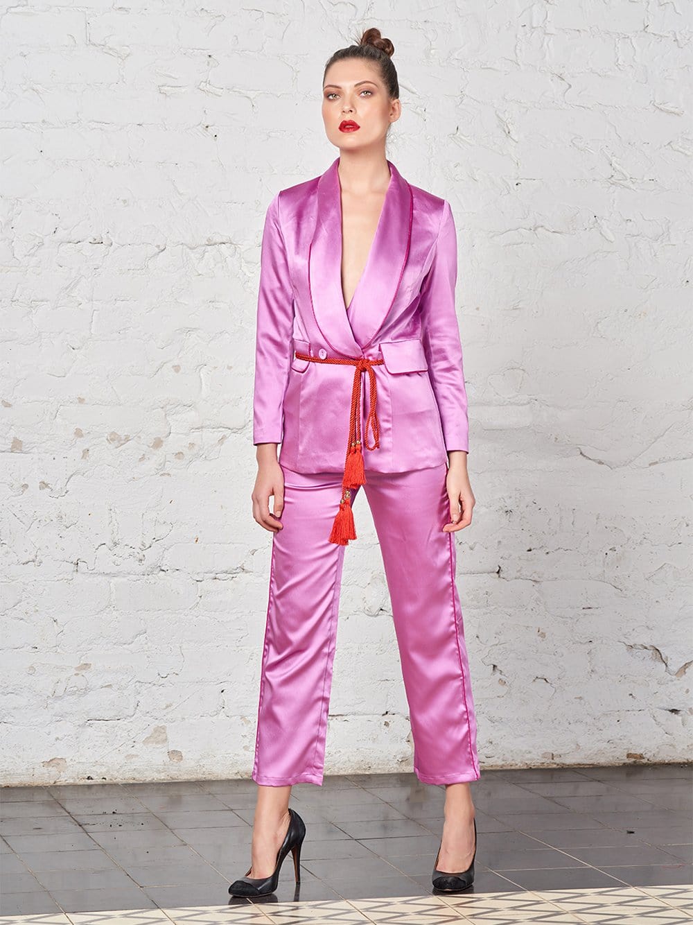 Tasseled Satin Blazer + Pants (Two-Piece Set) in Pink