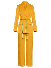 DALIDA Double-breasted Satin Blazer + Pants Matching Set in Gold