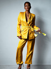 DALIDA Double-breasted Satin Blazer + Pants Matching Set in Gold
