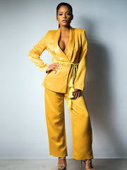 DALIDA Double-breasted Satin Blazer + Pants Matching Set in Gold