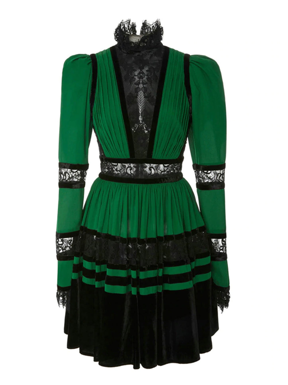 Lace & Velvet Pleated Crêpe Mini Dress in Green