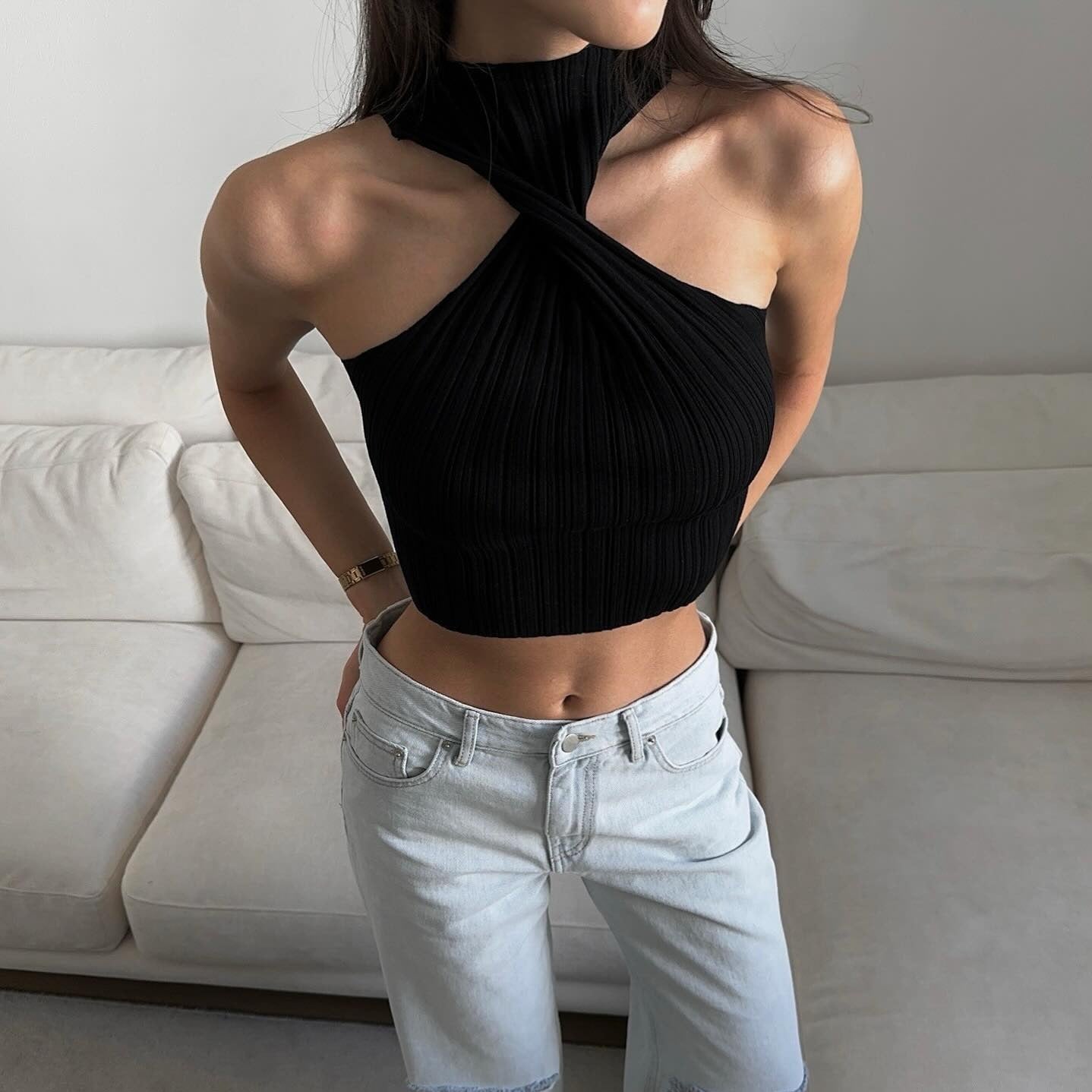 Geripptes Crop-Top mit Herz-Wellen-Print