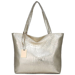 Bag Faux Large Tote Embossed Croc Silver Capacity