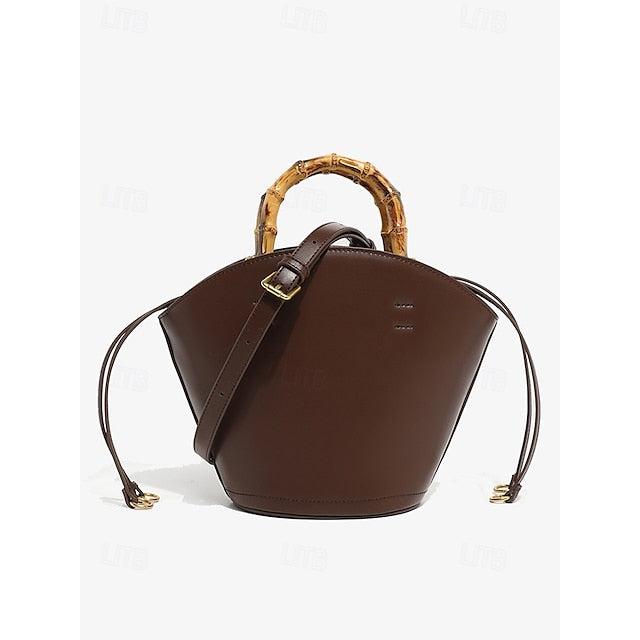 Bamboo with Leather Bag Handle Bucket Brown