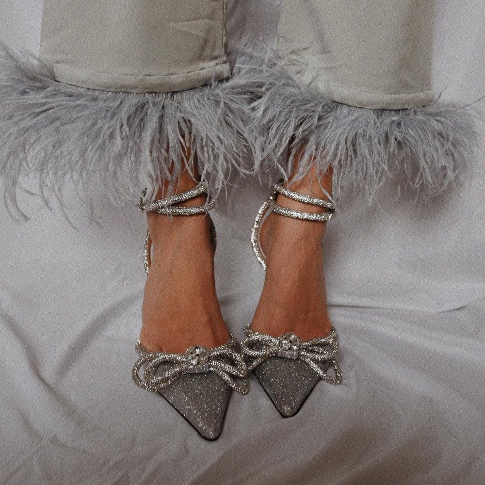 Romantic Silver Glitter Wrap Around Bow Heels