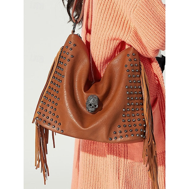 Brown Leather Boho Studded Bag Hobo Skull Fringe
