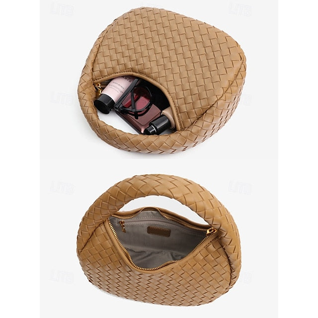Leather Elegant Woven Chic Bag Hobo Round Ivory
