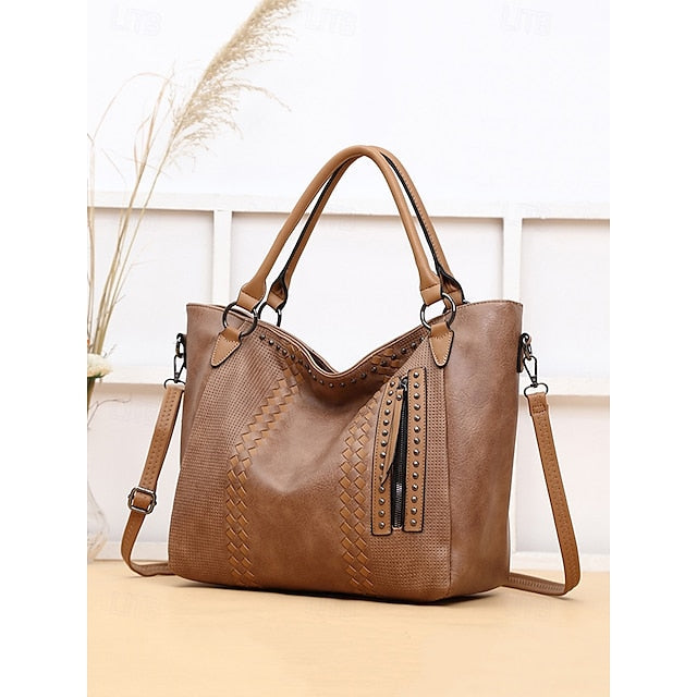 Brown Faux Tote Bag Handbag Leather Spacious
