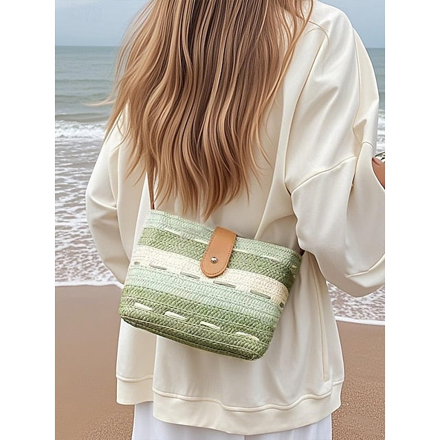 Striped with Bag Colorblock Straw Woven Brown Tote