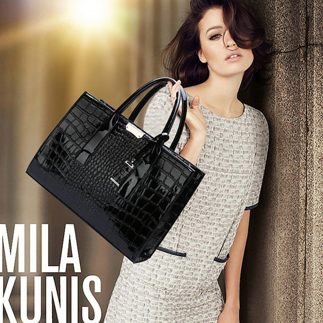 Black Patent Crocodile Leather Pattern Handbag with