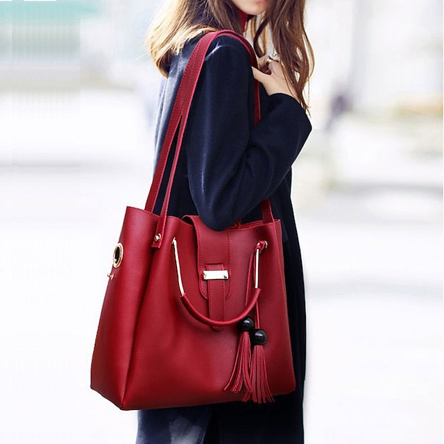 Tote Pink Leather - Handbag Faux Set 3-Piece