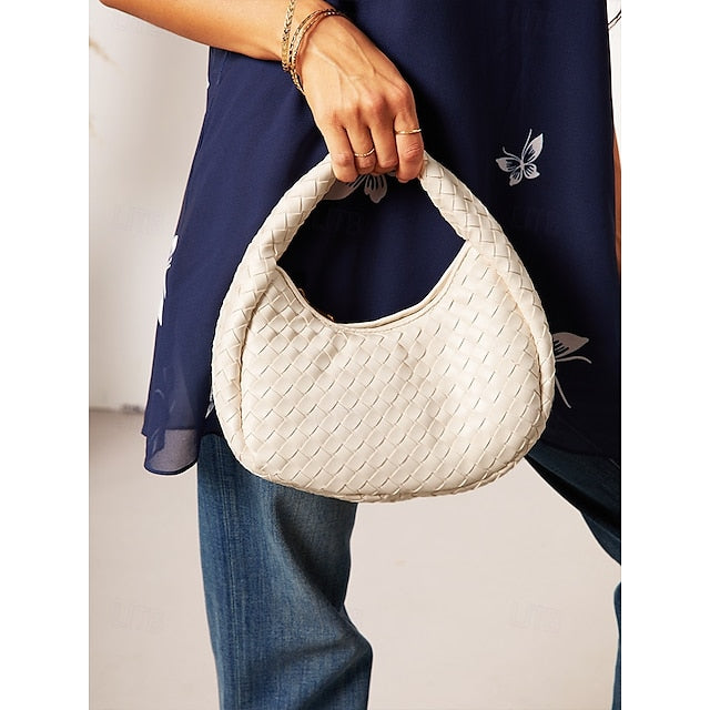 Leather Elegant Woven Chic Bag Hobo Round Ivory