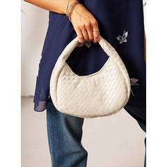 Leather Elegant Woven Chic Bag Hobo Round Ivory