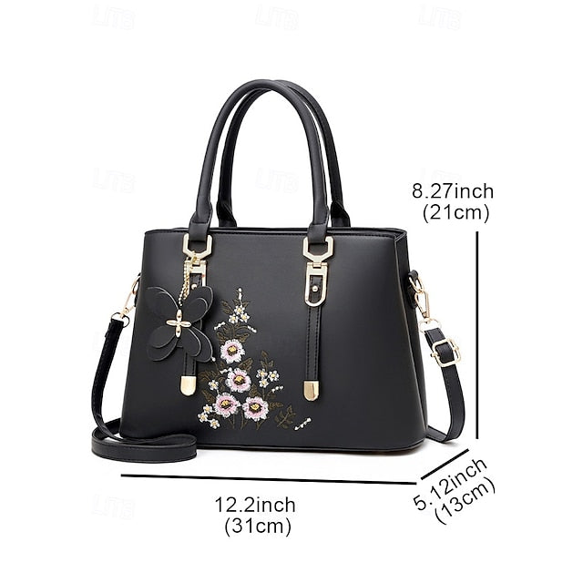 Faux Handbag Embroidery Floral with Leather Green