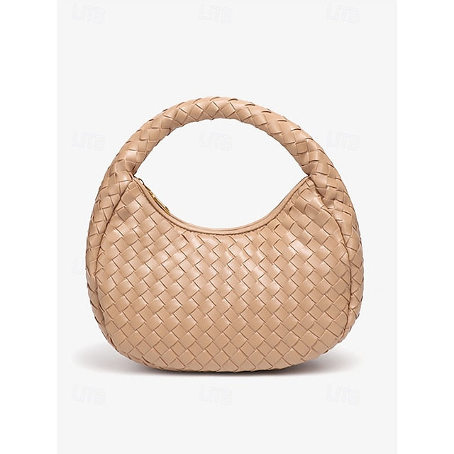 Leather Elegant Woven Chic Bag Hobo Round Ivory