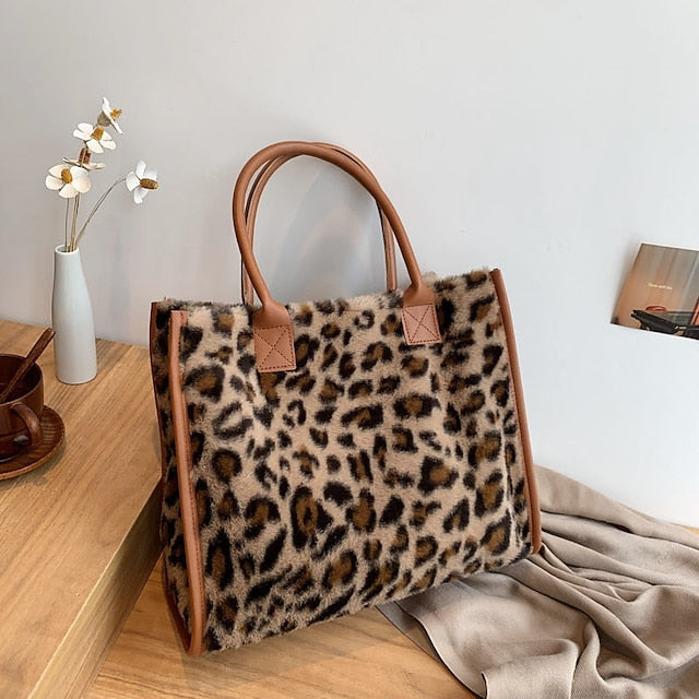Leopard Bag Fur Brown Leather Faux Print with Tote