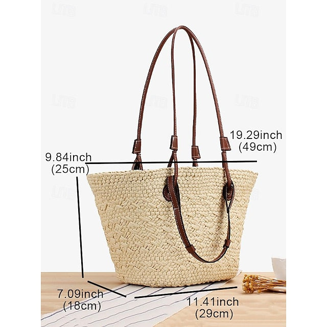 Chic Large Bag Straw Tote with Straps Leather Boho