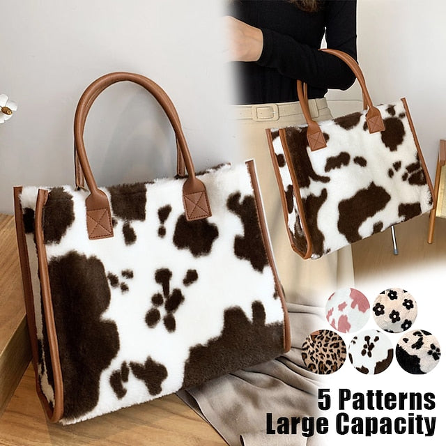 Leopard Bag Fur Brown Leather Faux Print with Tote