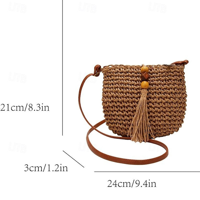 Tassel Bag Woven Boho Handbag Straw Crossbody