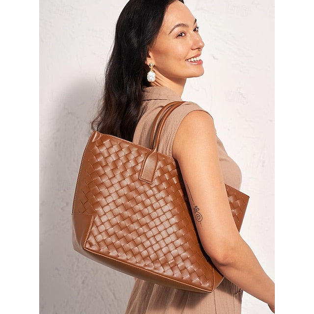 Woven Leather and Brown Tote Stylish Bag