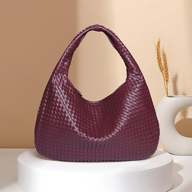 Woven Bag Faux Burgundy Leather Hobo Chic