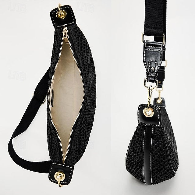 Straw Leather Boho Crossbody Bag with Adjustable