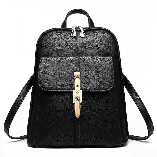 Lock Black Leather Faux Purse Backpack with Gold