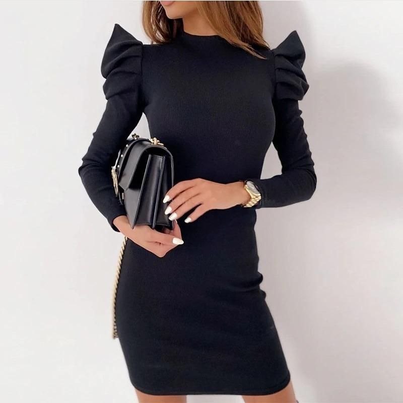 Style All Night Long Puff Sleeve Rib Mini Dress