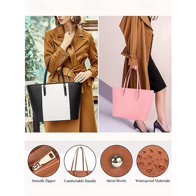 Faux Brown Leather Large Bag Classic Tote -