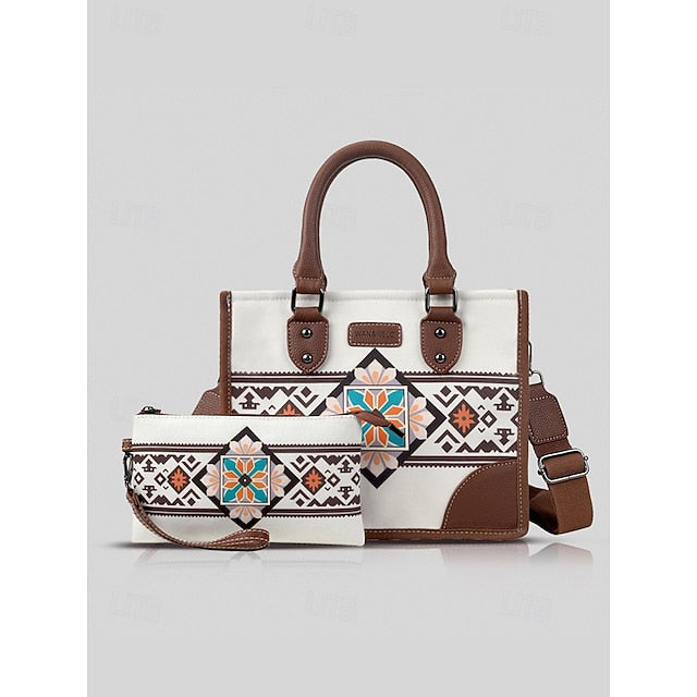and Set Ethnic Leather Faux Handbag Canvas with