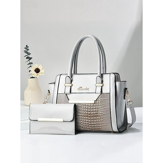 Faux Glossy Patent Handbag Set Leather