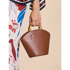 Bamboo with Leather Bag Handle Bucket Brown