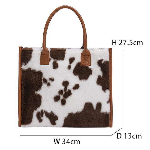Tote Bag with Leather Faux Leopard Print Brown Fur