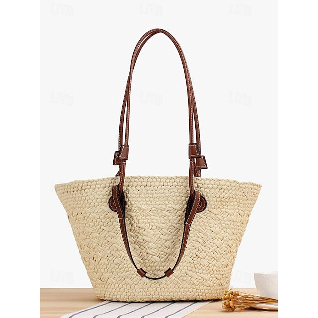 Tote Boho Leather Straps Large Bag Chic Straw with
